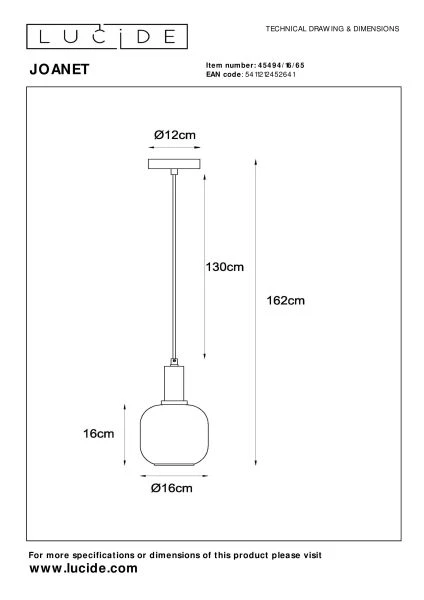 Lucide JOANET - Lámpara colgante - Ø 16 cm - 1xE27 - Ahumado - técnico